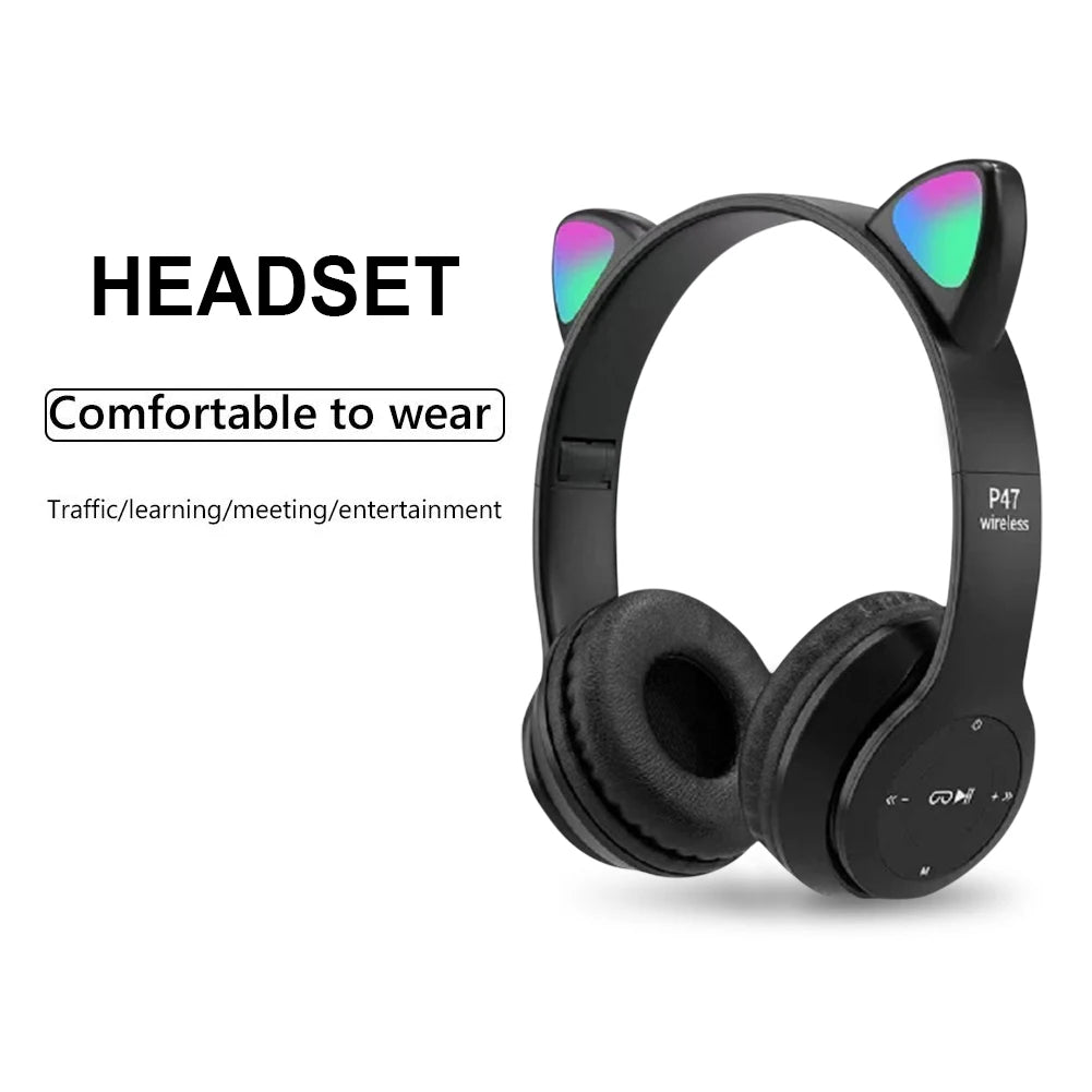 Gaming Headset Cat Ear Bluetooth-Compatible 5.0 Gaming Earphone Wired Headset Stereo Bass Music Earbud for Kids Girls Gift