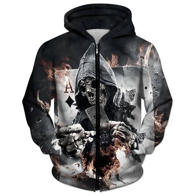 3D Skull Poker Zipped Hoodie