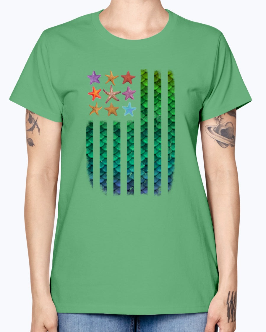 Gildan Ladies Missy T-Shirt. American Mermaid Flag Starfish