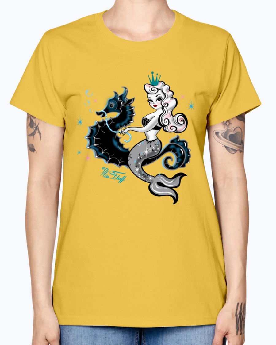 Gildan Ladies Missy T-Shirt. Mermaid Riding A Seahorse