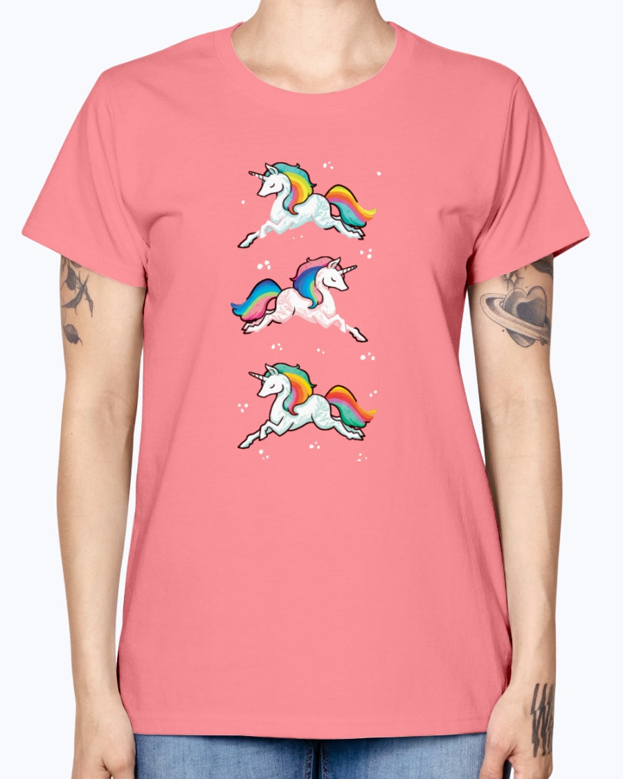 Gildan Ladies Missy T-Shirt. Unicorn rainbow cute