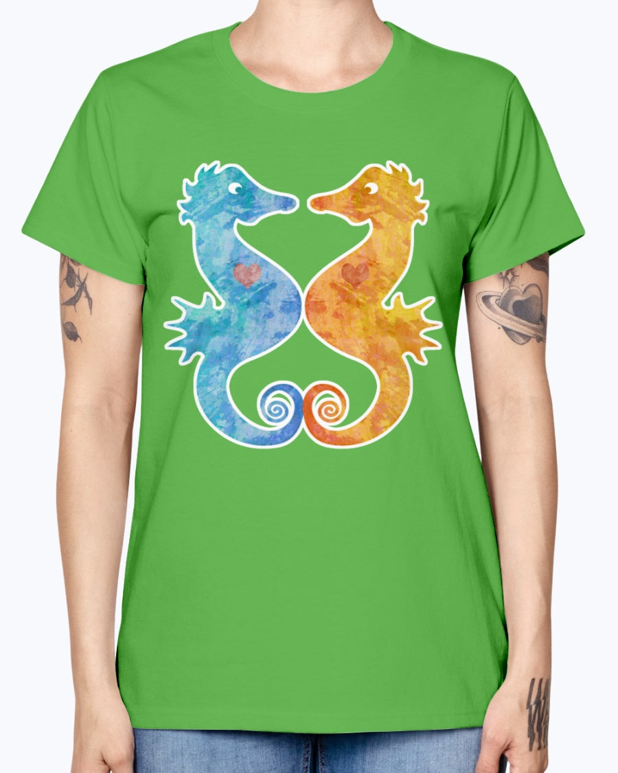 Gildan Ladies Missy T-Shirt. Seahorses in Love