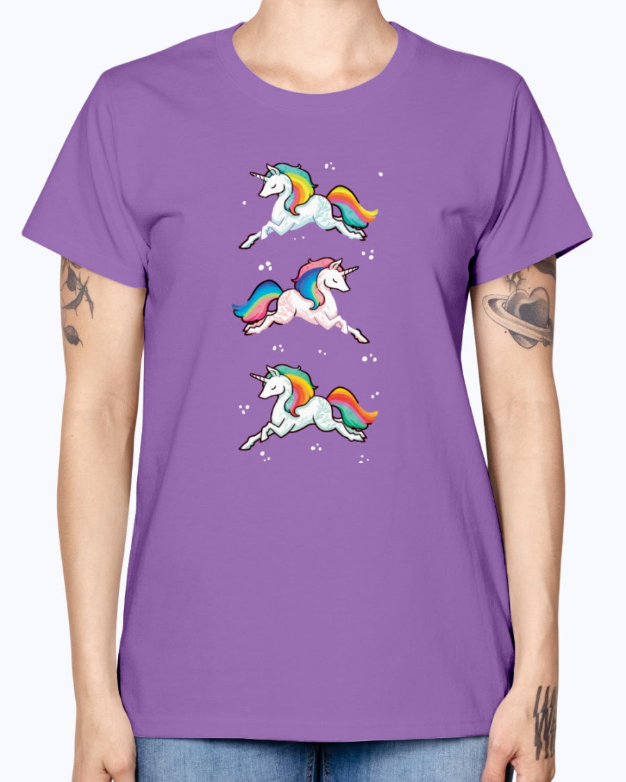 Gildan Ladies Missy T-Shirt. Unicorn rainbow cute