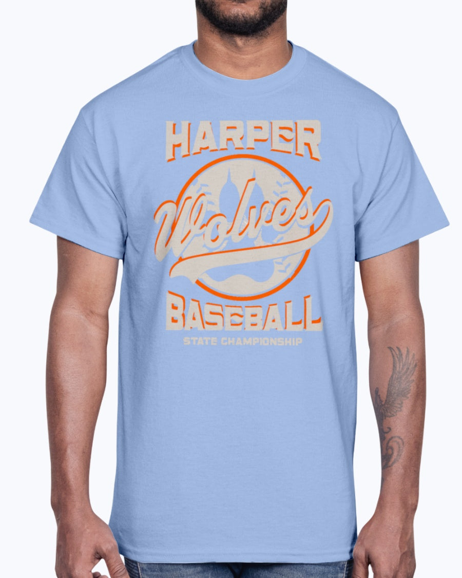 Men's Gildan Ultra Cotton T-Shirt 12 Dark colors. Harper Wolves Baseball State Championship