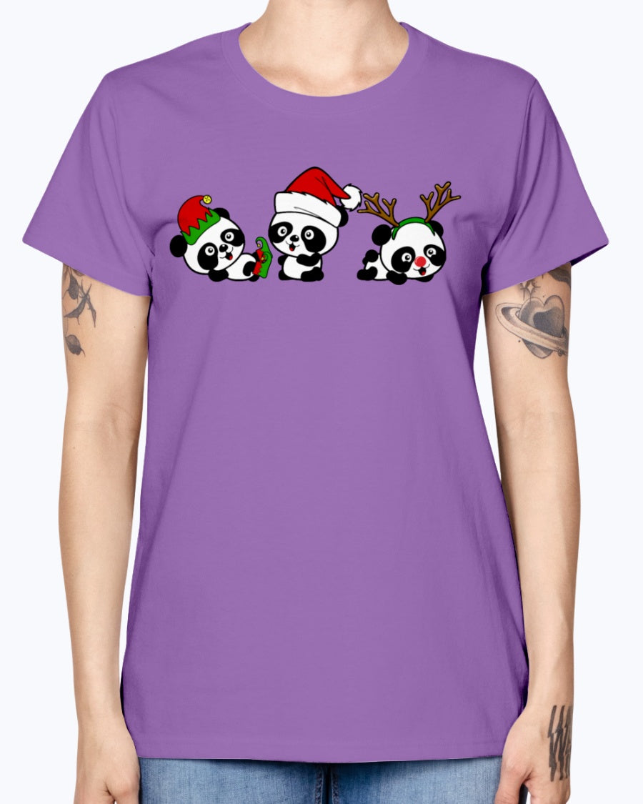 Gildan Ladies Missy T-Shirt. Christmas Pandas.