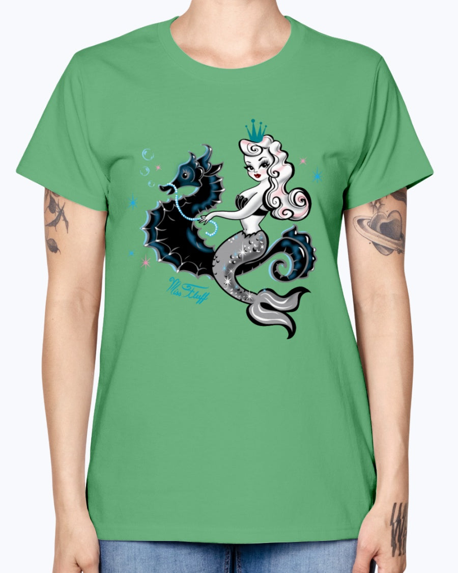Gildan Ladies Missy T-Shirt. Mermaid Riding A Seahorse