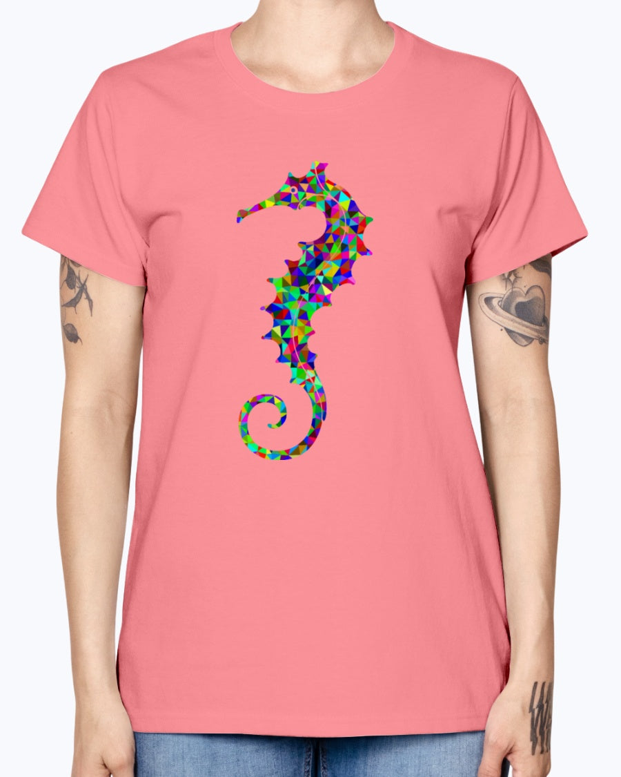 Gildan Ladies Missy T-Shirt. Prismatic Low Poly Seahorse