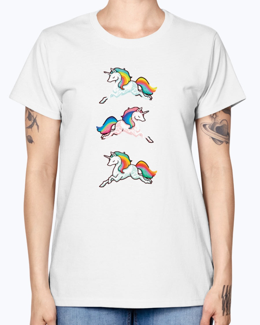 Gildan Ladies Missy T-Shirt. Unicorn rainbow cute