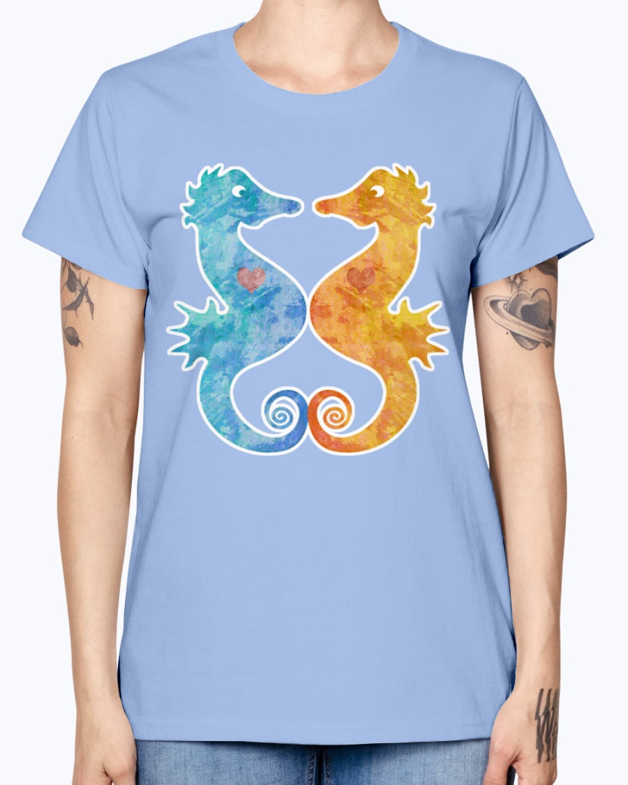 Gildan Ladies Missy T-Shirt. Seahorses in Love