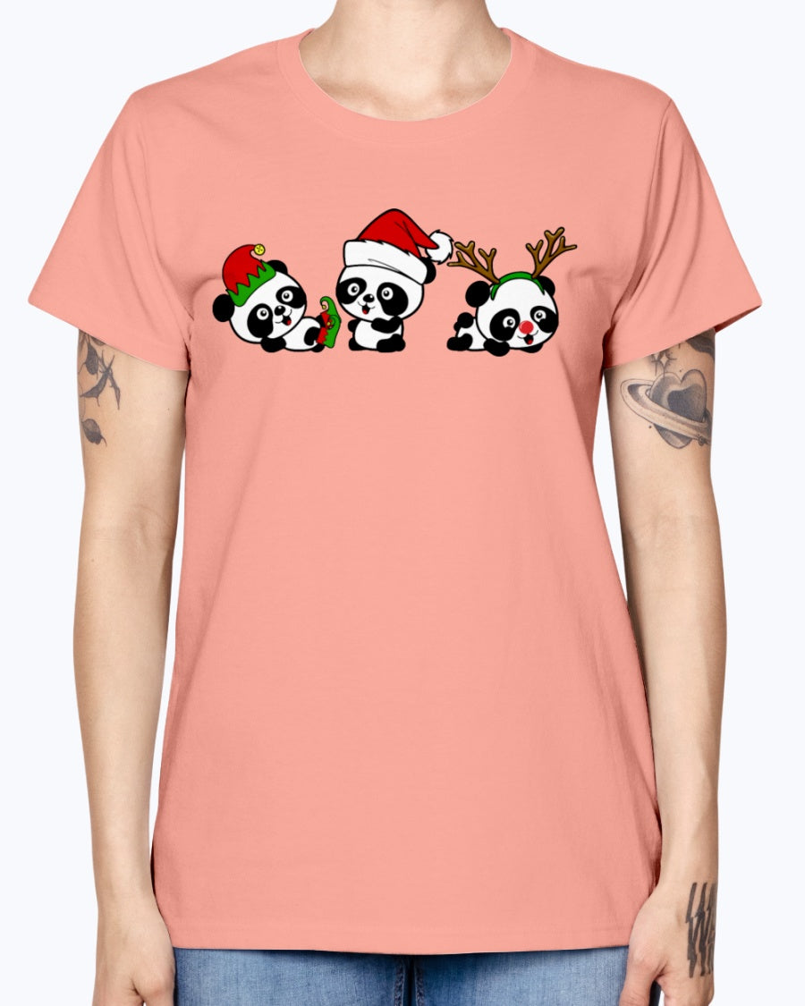 Gildan Ladies Missy T-Shirt. Christmas Pandas.