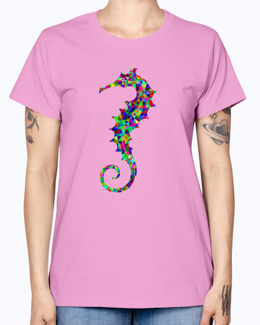 Gildan Ladies Missy T-Shirt. Prismatic Low Poly Seahorse