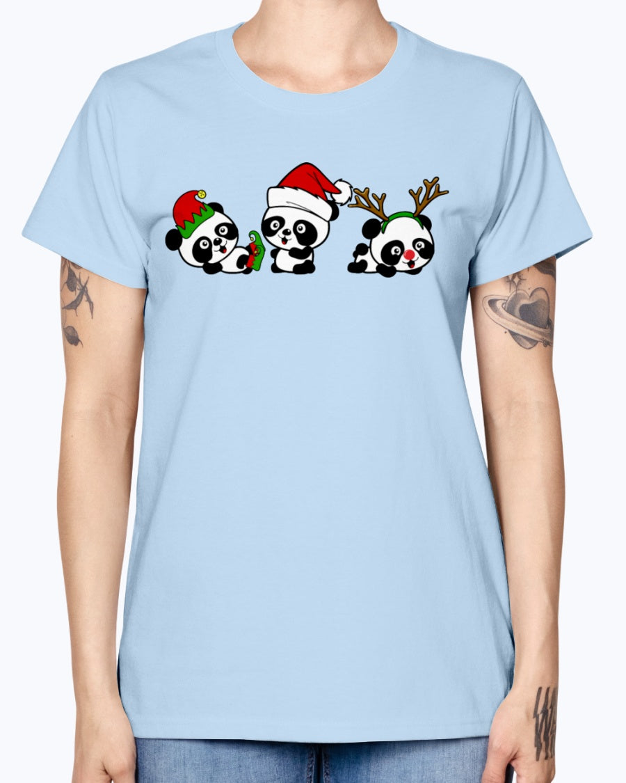 Gildan Ladies Missy T-Shirt. Christmas Pandas.