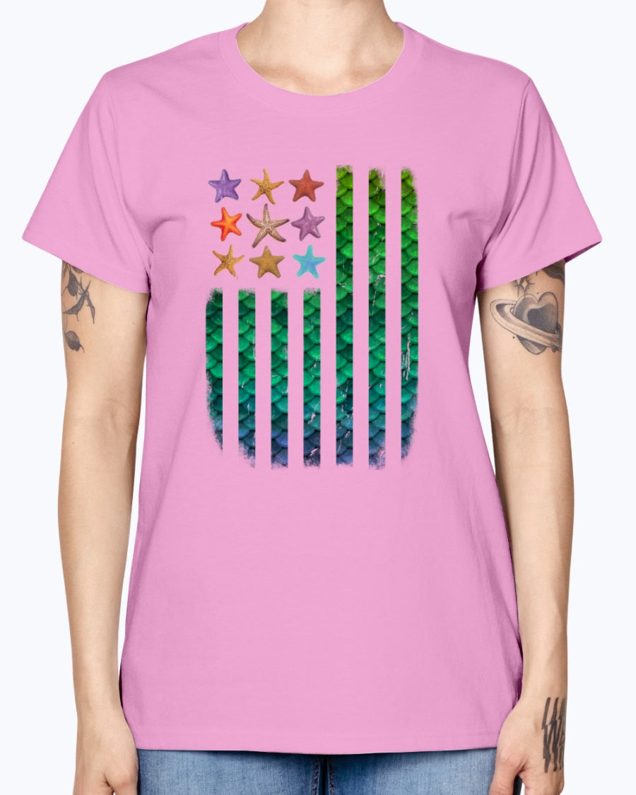 Gildan Ladies Missy T-Shirt. American Mermaid Flag Starfish