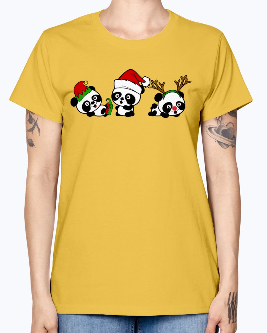 Gildan Ladies Missy T-Shirt. Christmas Pandas.
