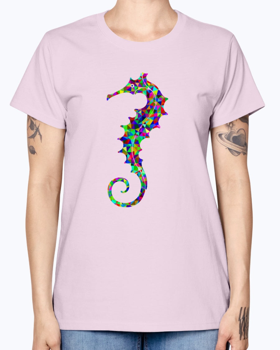 Gildan Ladies Missy T-Shirt. Prismatic Low Poly Seahorse