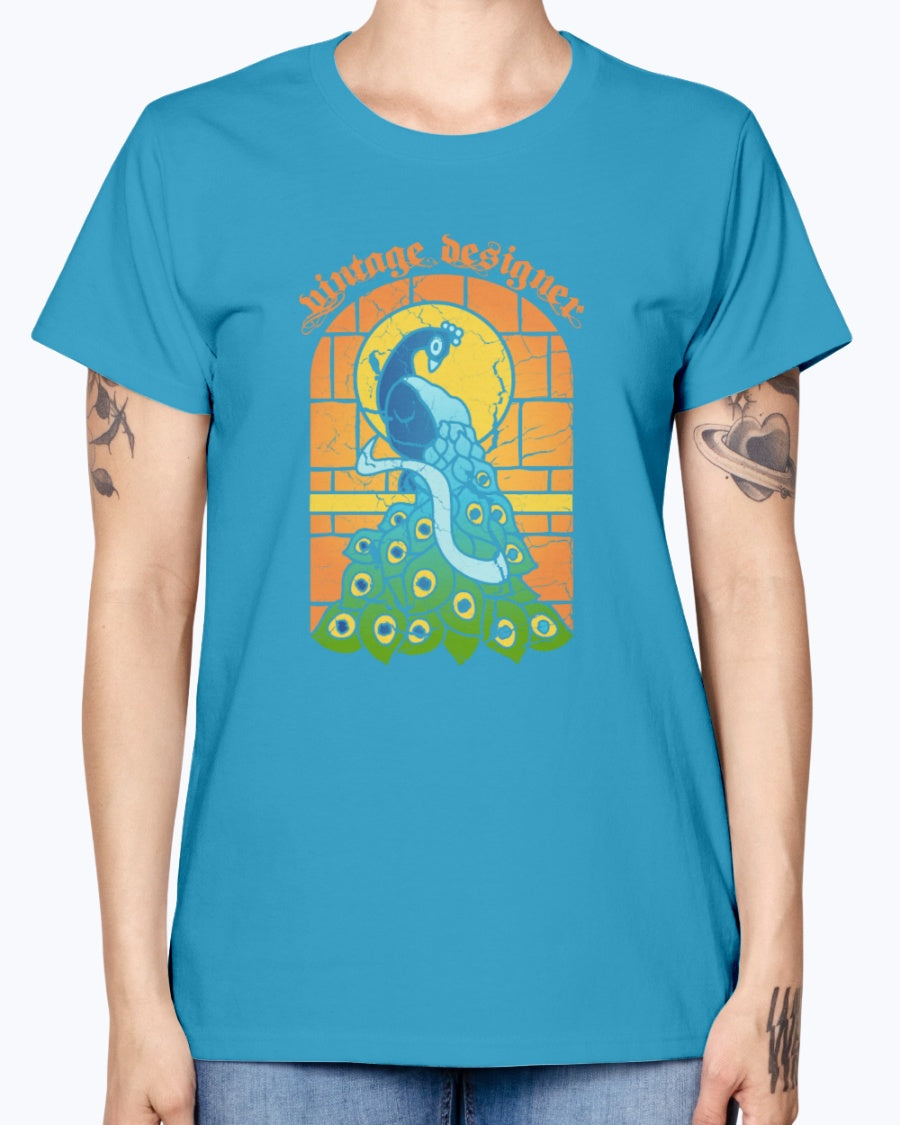 Gildan Ladies Missy T-Shirt 16 colors Vintage Peacock Stained Glass Window