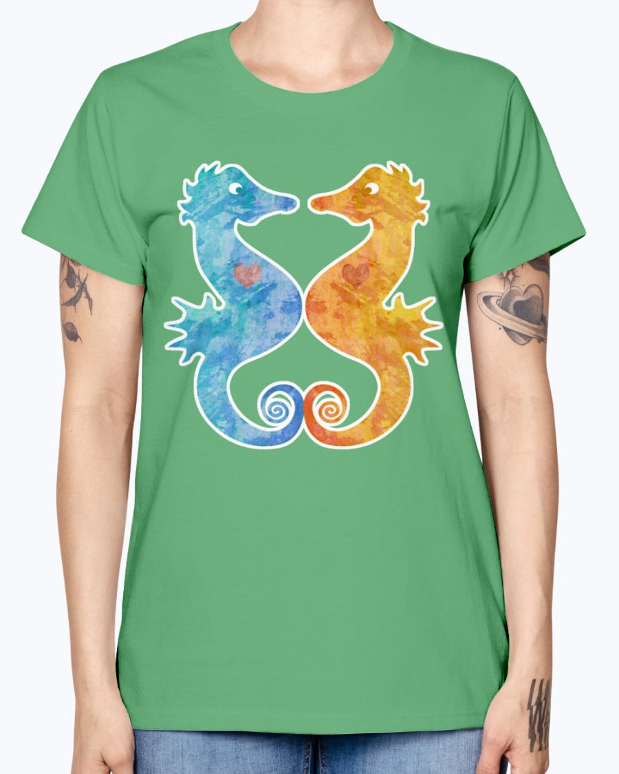 Gildan Ladies Missy T-Shirt. Seahorses in Love