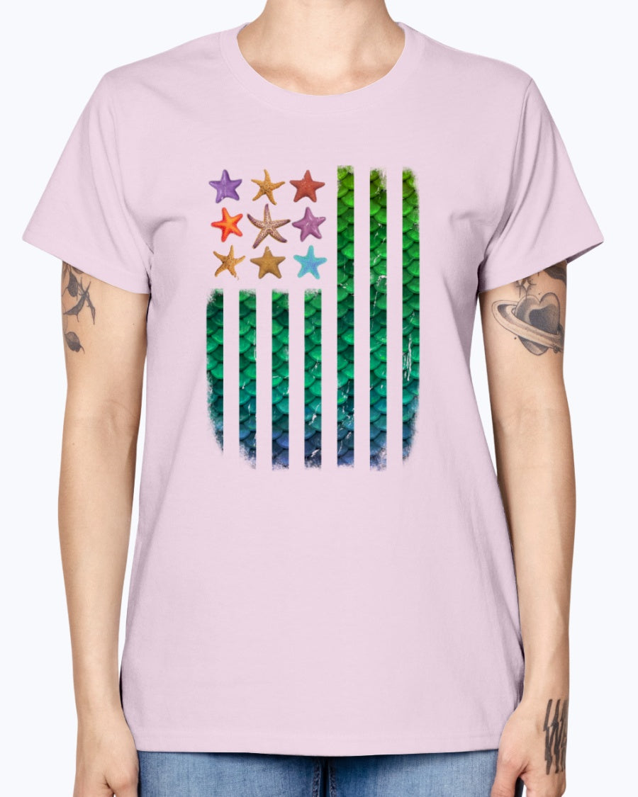Gildan Ladies Missy T-Shirt. American Mermaid Flag Starfish