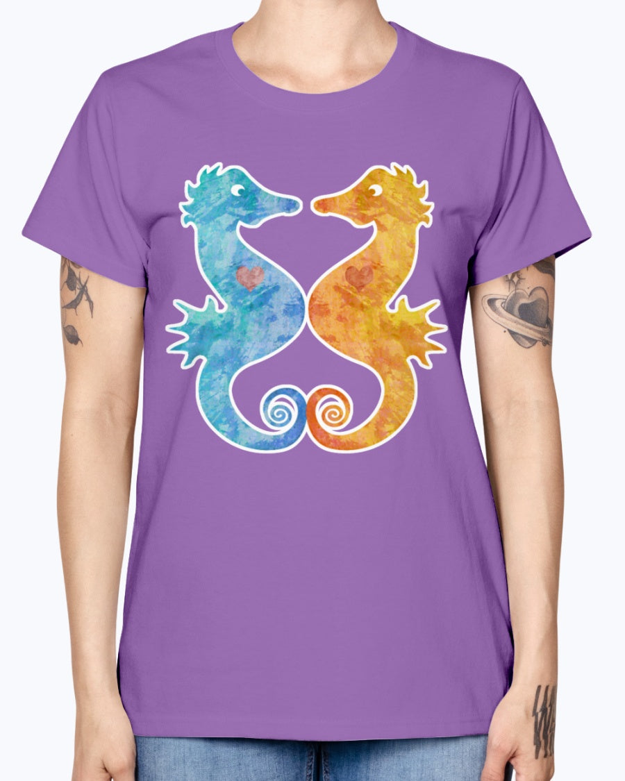 Gildan Ladies Missy T-Shirt. Seahorses in Love