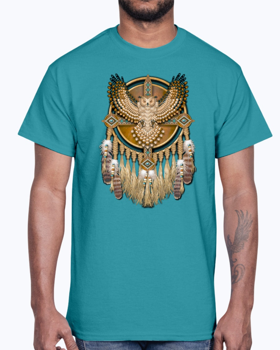 Men's Gildan Ultra Cotton T-Shirt 12 Dark colors. Beadwork Great Horned Owl Mandala