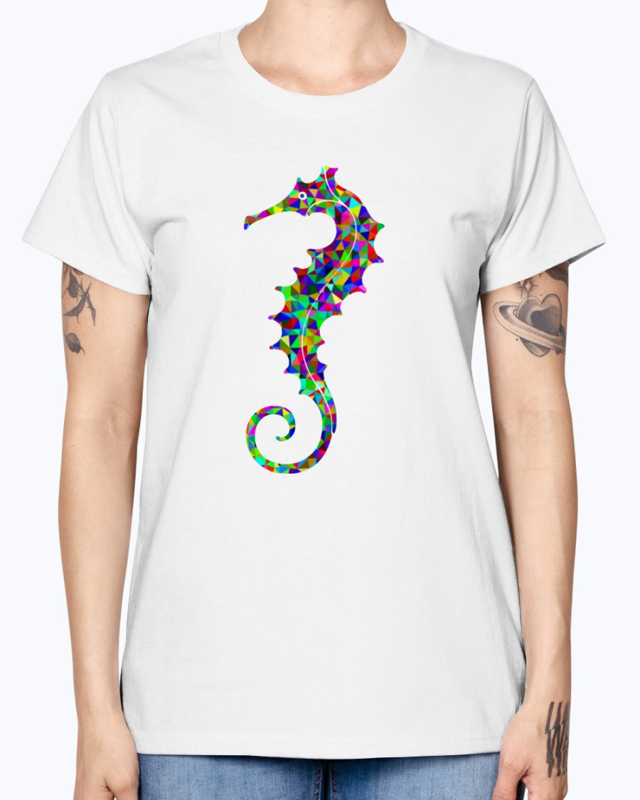 Gildan Ladies Missy T-Shirt. Prismatic Low Poly Seahorse
