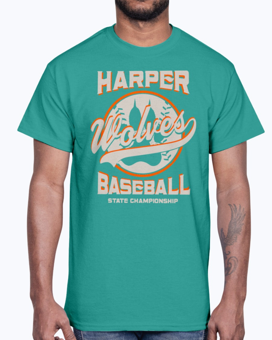 Men's Gildan Ultra Cotton T-Shirt 12 Dark colors. Harper Wolves Baseball State Championship