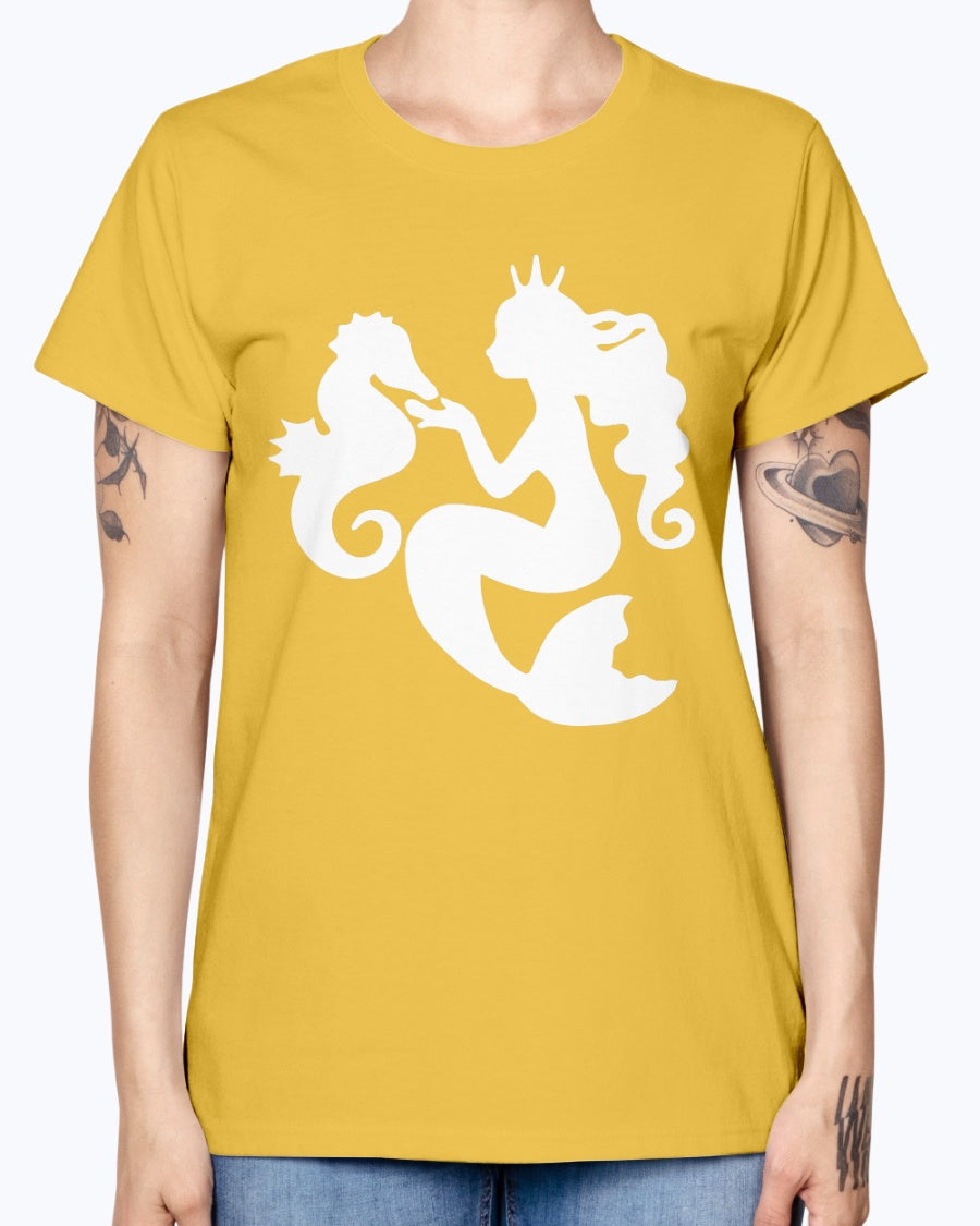 Gildan Ladies Missy T-Shirt. Mermaid& Seahorse.
