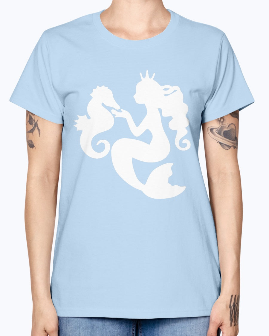 Gildan Ladies Missy T-Shirt. Mermaid& Seahorse.