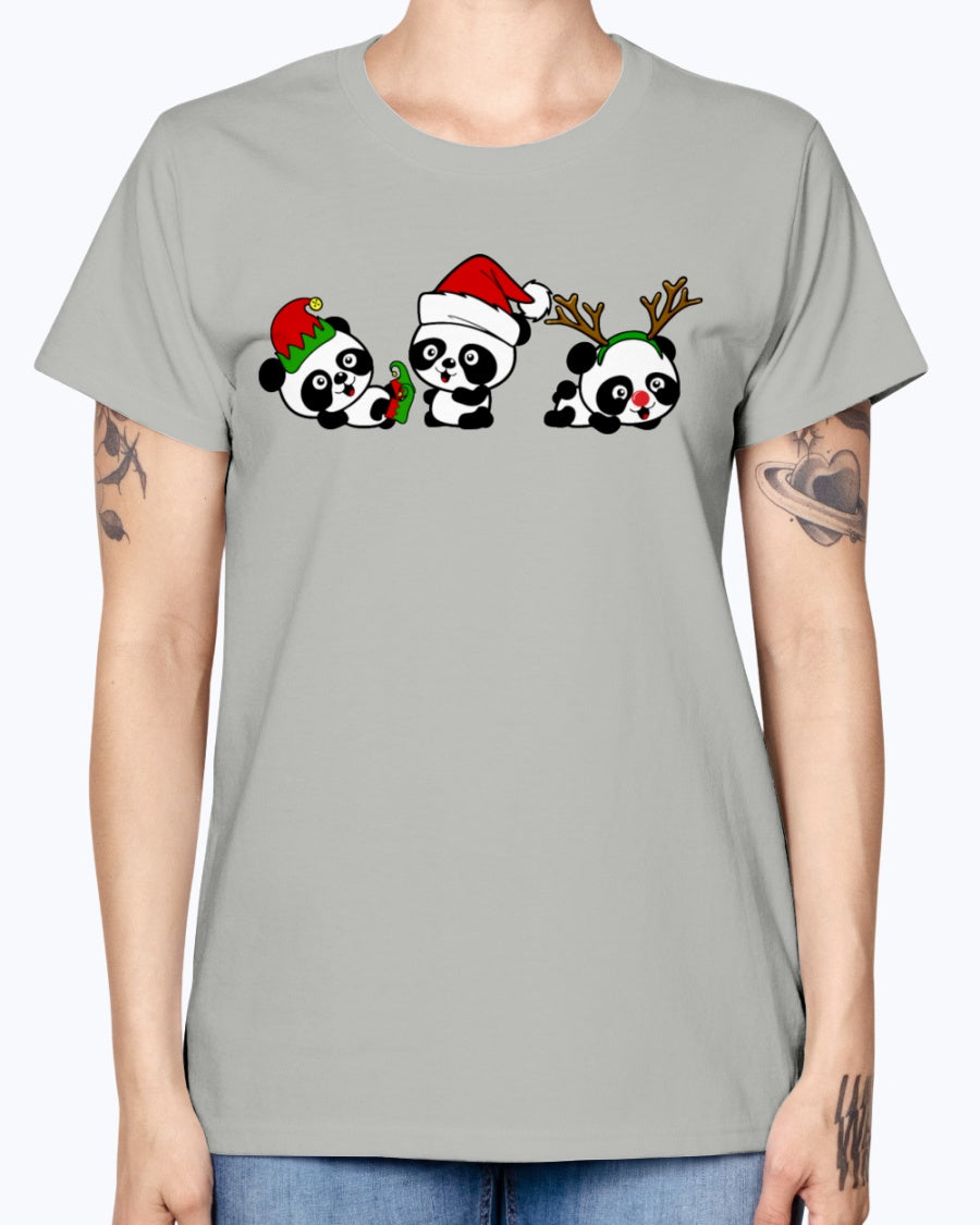 Gildan Ladies Missy T-Shirt. Christmas Pandas.