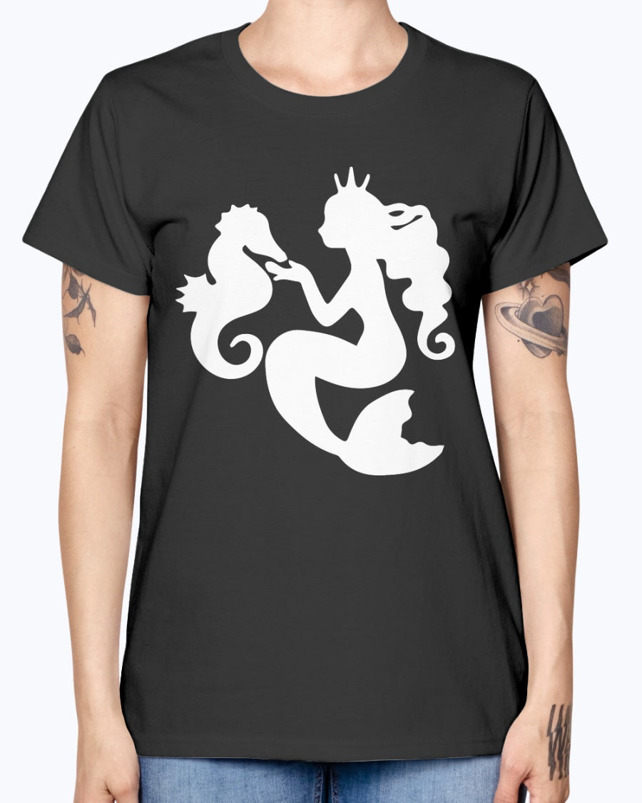 Gildan Ladies Missy T-Shirt. Mermaid& Seahorse.
