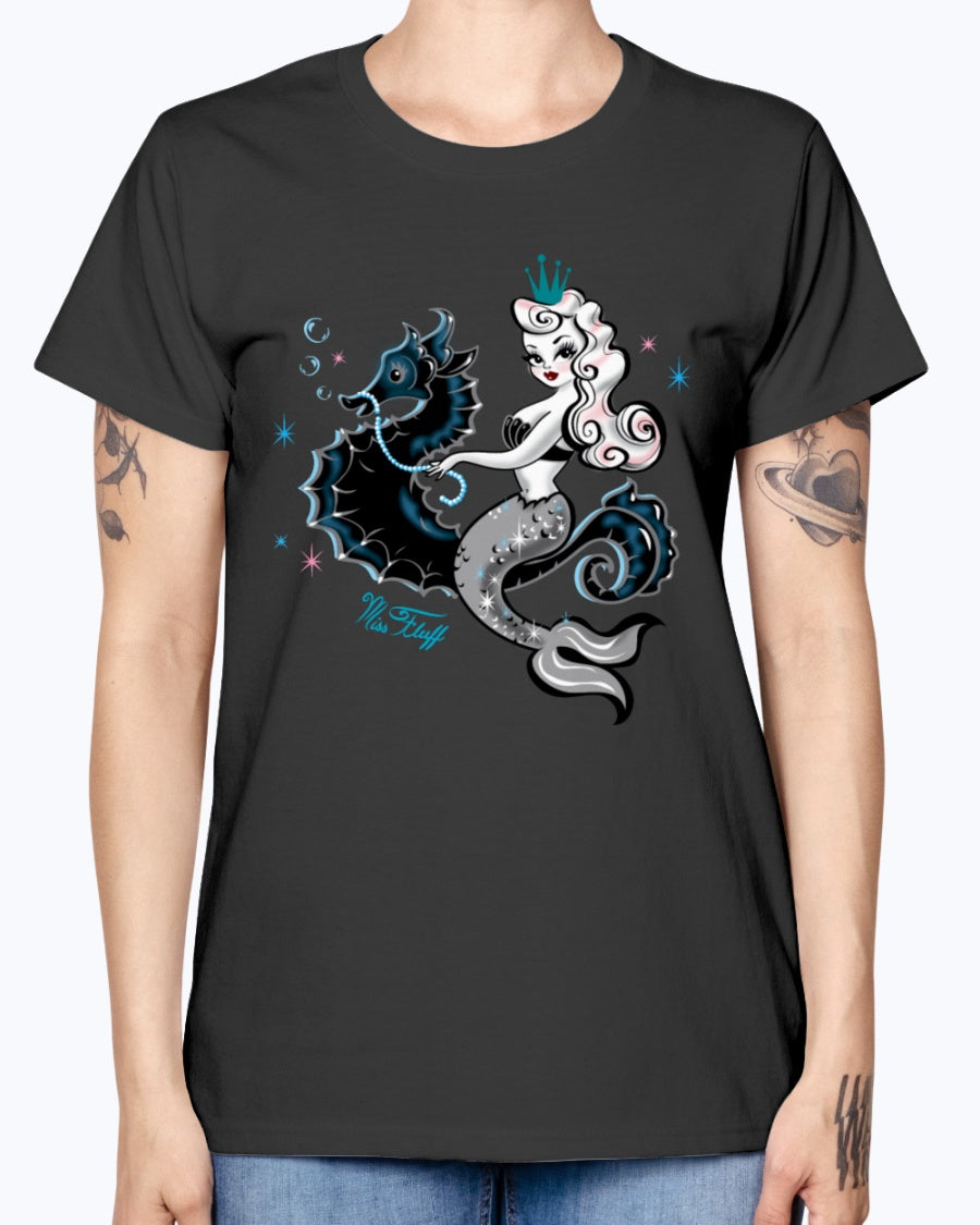 Gildan Ladies Missy T-Shirt. Mermaid Riding A Seahorse