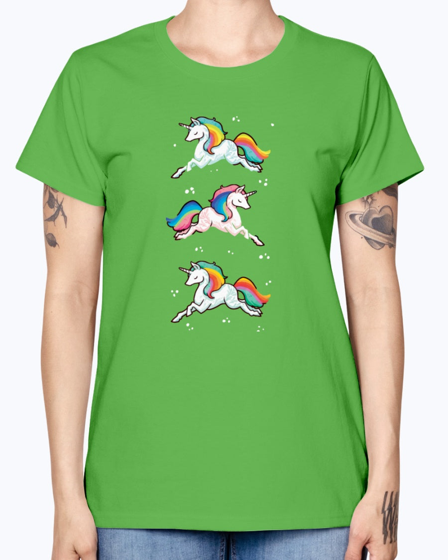 Gildan Ladies Missy T-Shirt. Unicorn rainbow cute