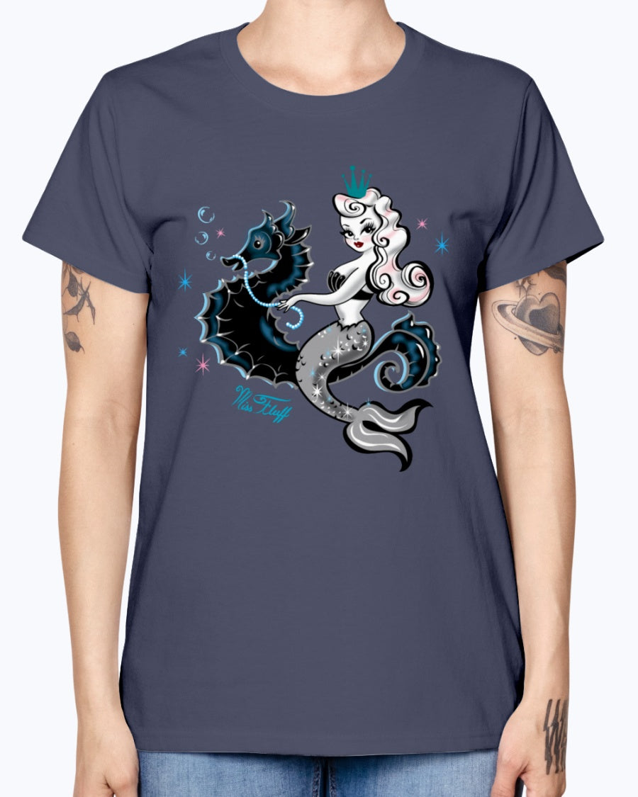 Gildan Ladies Missy T-Shirt. Mermaid Riding A Seahorse