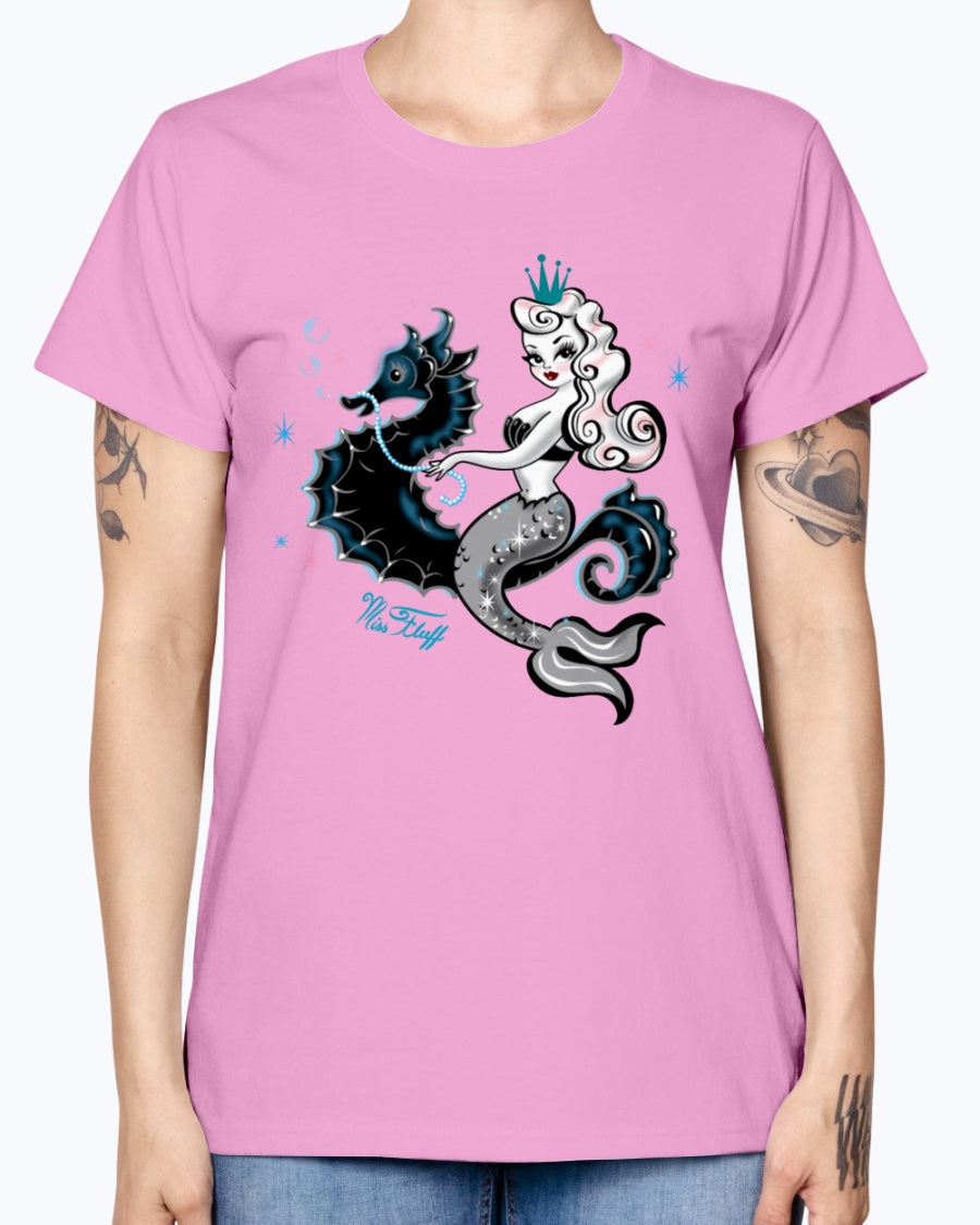 Gildan Ladies Missy T-Shirt. Mermaid Riding A Seahorse