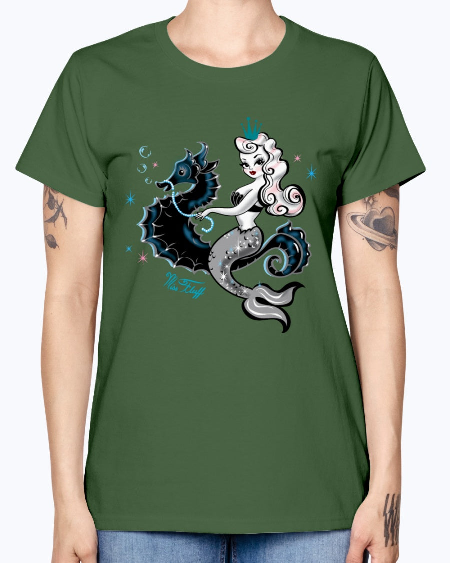 Gildan Ladies Missy T-Shirt. Mermaid Riding A Seahorse