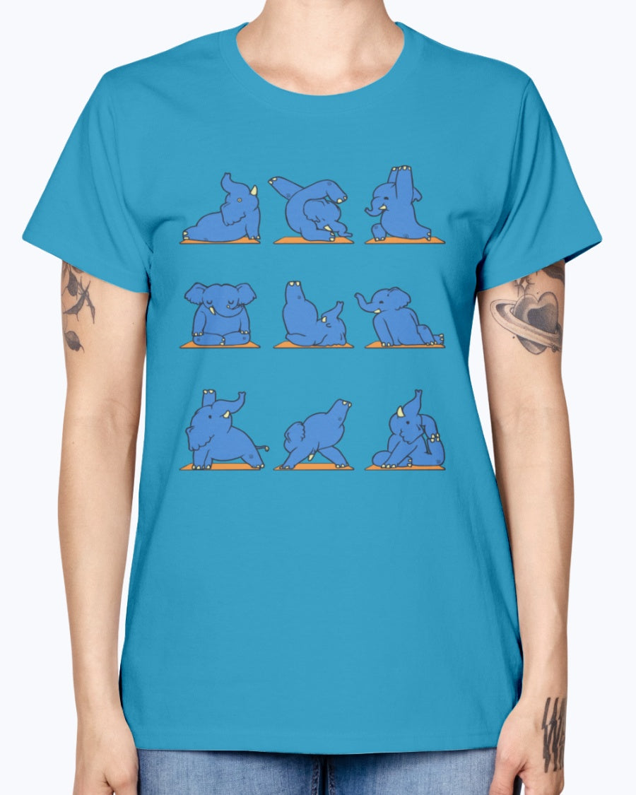 Gildan Ladies Missy T-Shirt. Funny Elephant Yoga