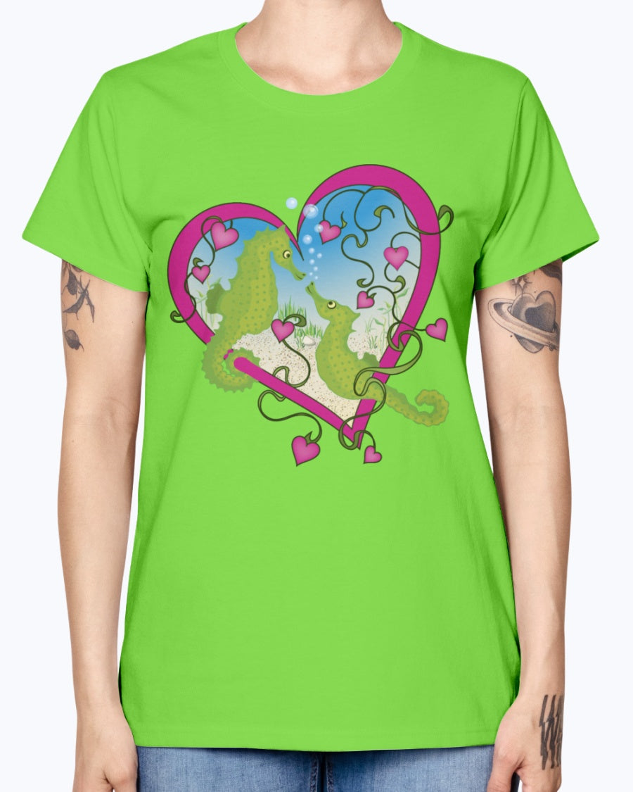 Gildan Ladies Missy T-Shirt. Seahorse Love