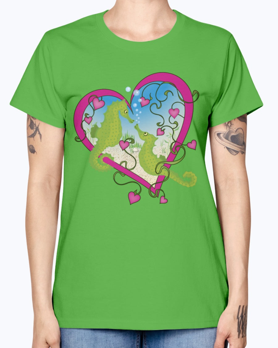 Gildan Ladies Missy T-Shirt. Seahorse Love