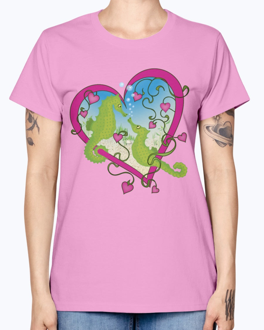 Gildan Ladies Missy T-Shirt. Seahorse Love