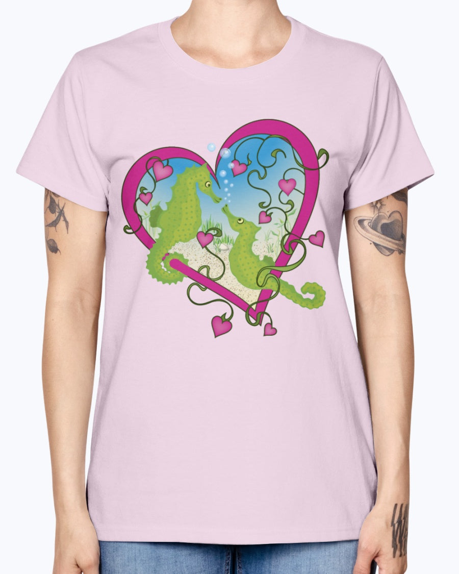 Gildan Ladies Missy T-Shirt. Seahorse Love