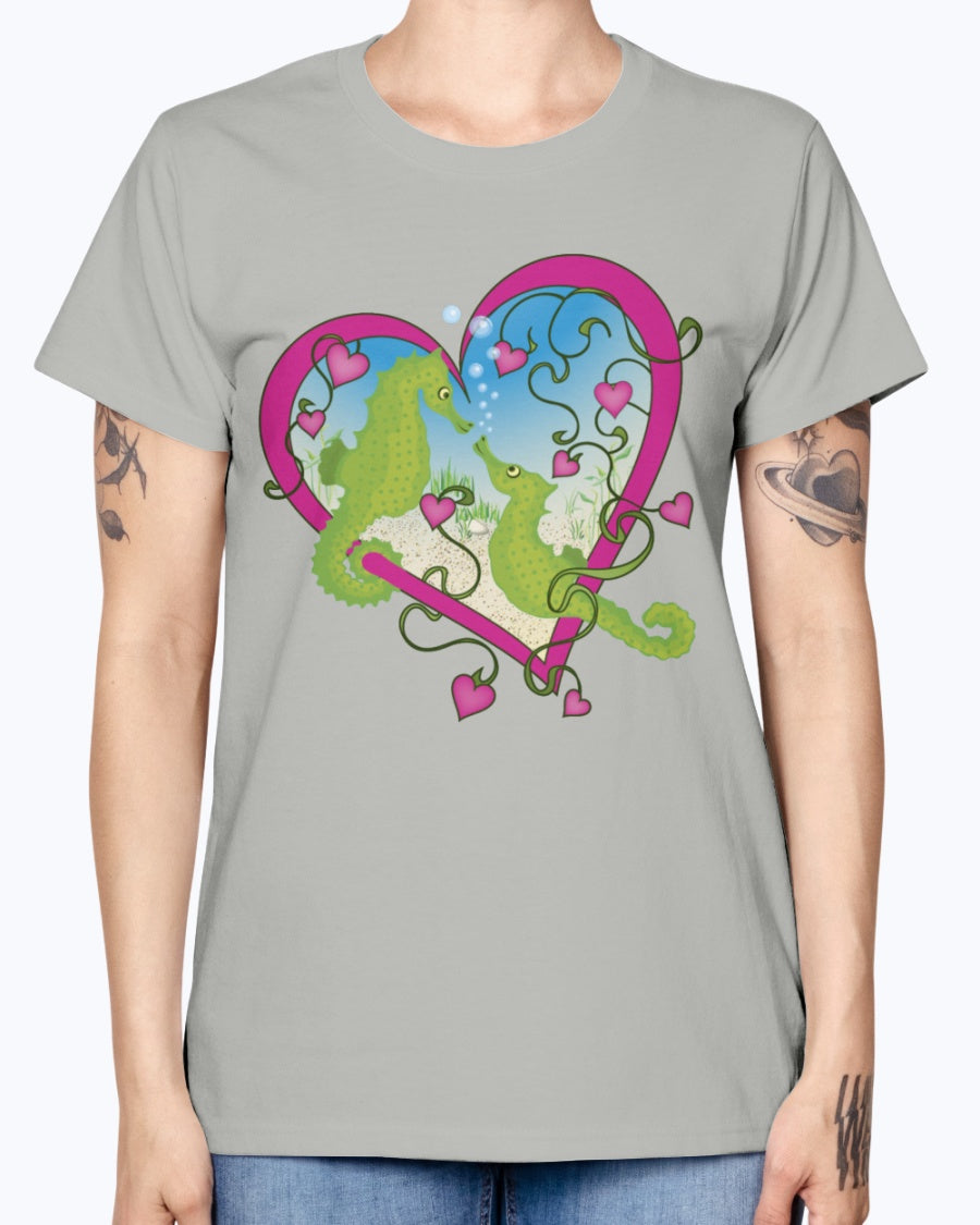 Gildan Ladies Missy T-Shirt. Seahorse Love