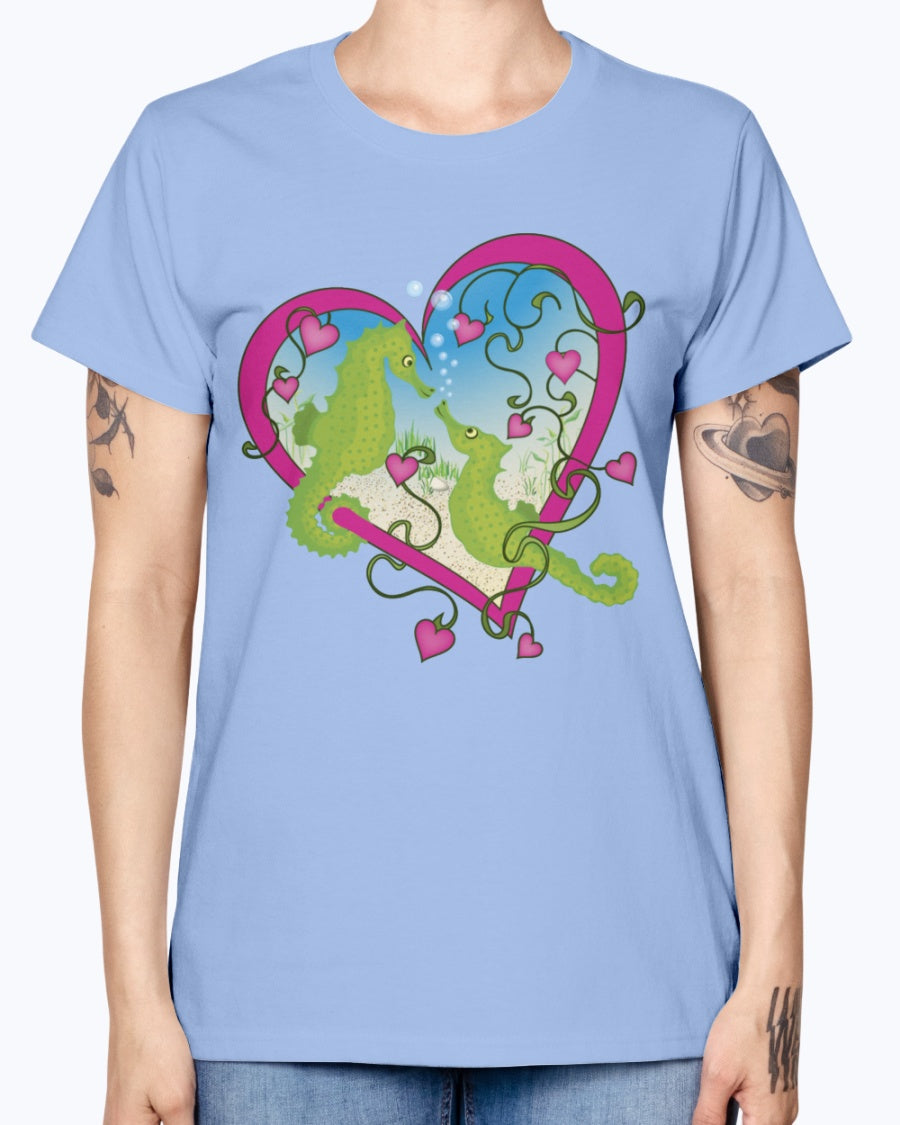 Gildan Ladies Missy T-Shirt. Seahorse Love