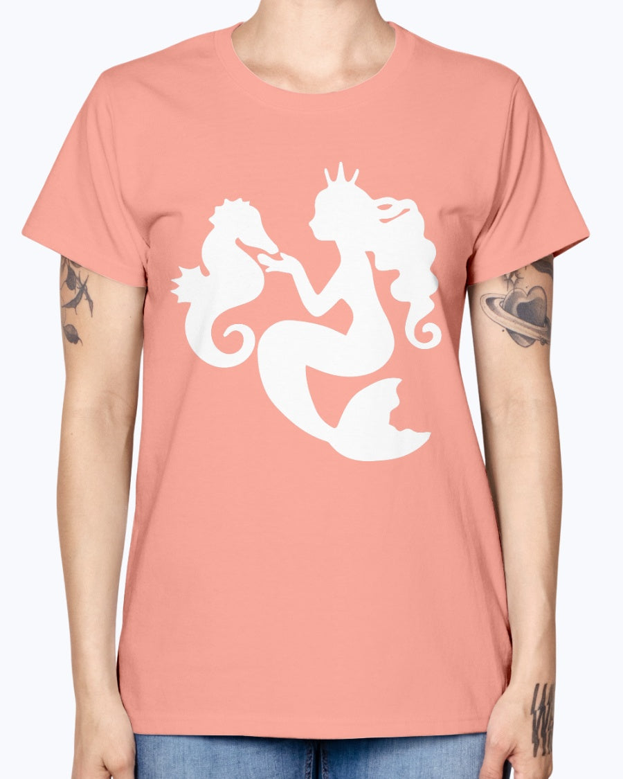 Gildan Ladies Missy T-Shirt. Mermaid& Seahorse.