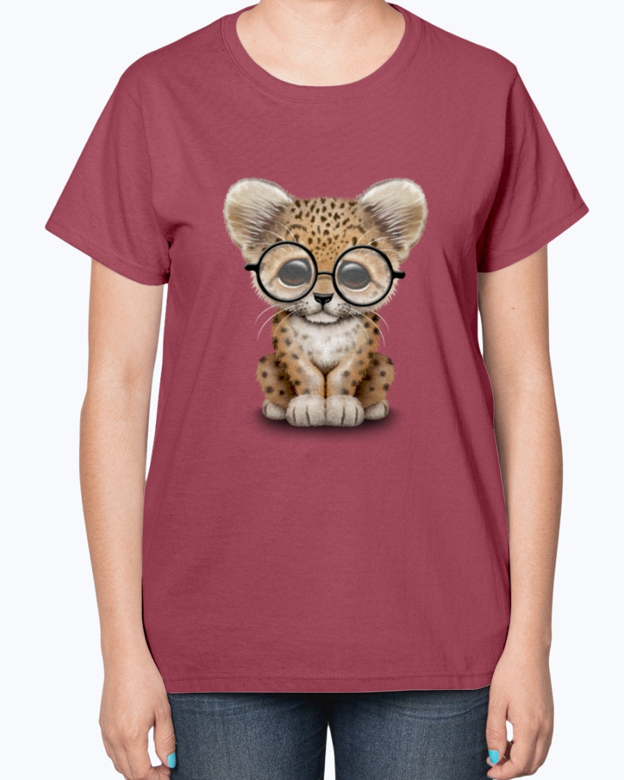 Gildan 2000L Ultra Cotton Ladies T-Shirt 13 colors Dark. Cute Baby Leopard Cub Wearing Glasses
