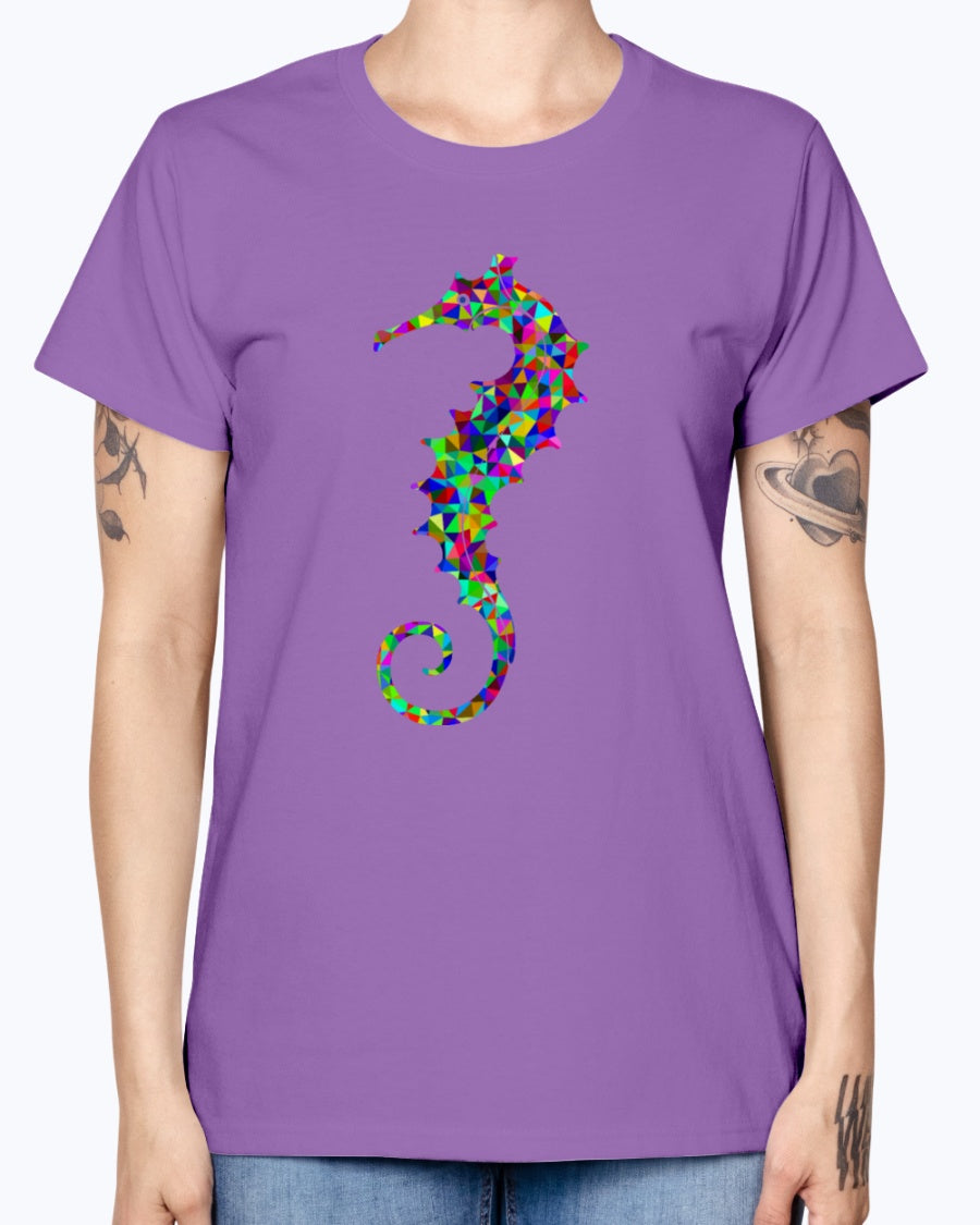 Gildan Ladies Missy T-Shirt. Prismatic Low Poly Seahorse