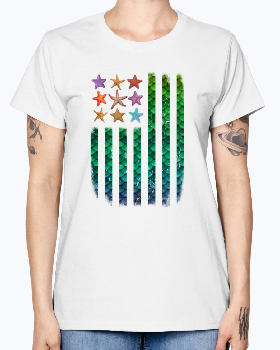Gildan Ladies Missy T-Shirt. American Mermaid Flag Starfish