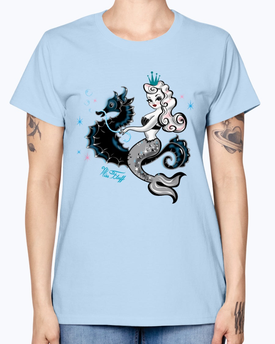 Gildan Ladies Missy T-Shirt. Mermaid Riding A Seahorse