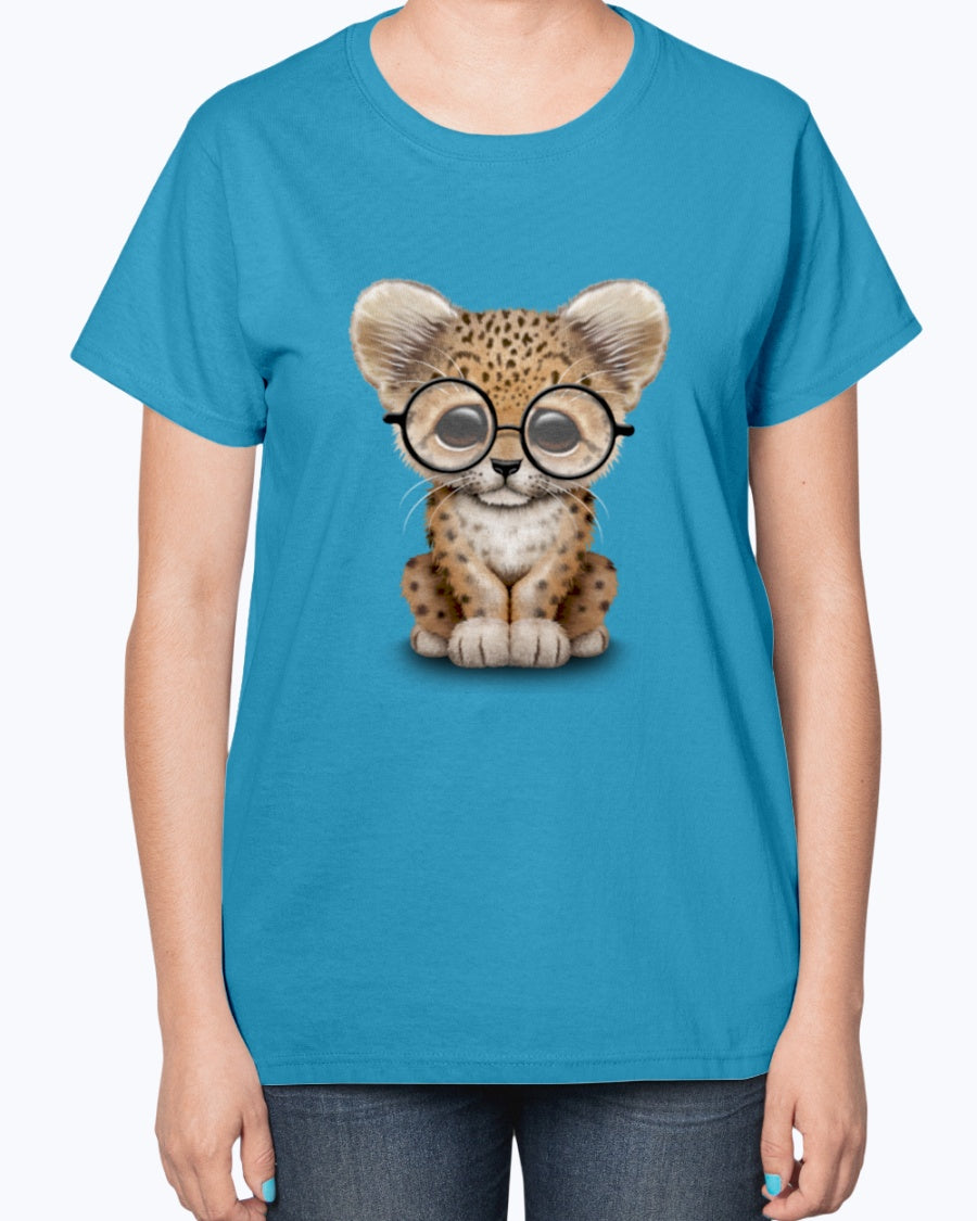 Gildan 2000L Ultra Cotton Ladies T-Shirt 13 colors Dark. Cute Baby Leopard Cub Wearing Glasses