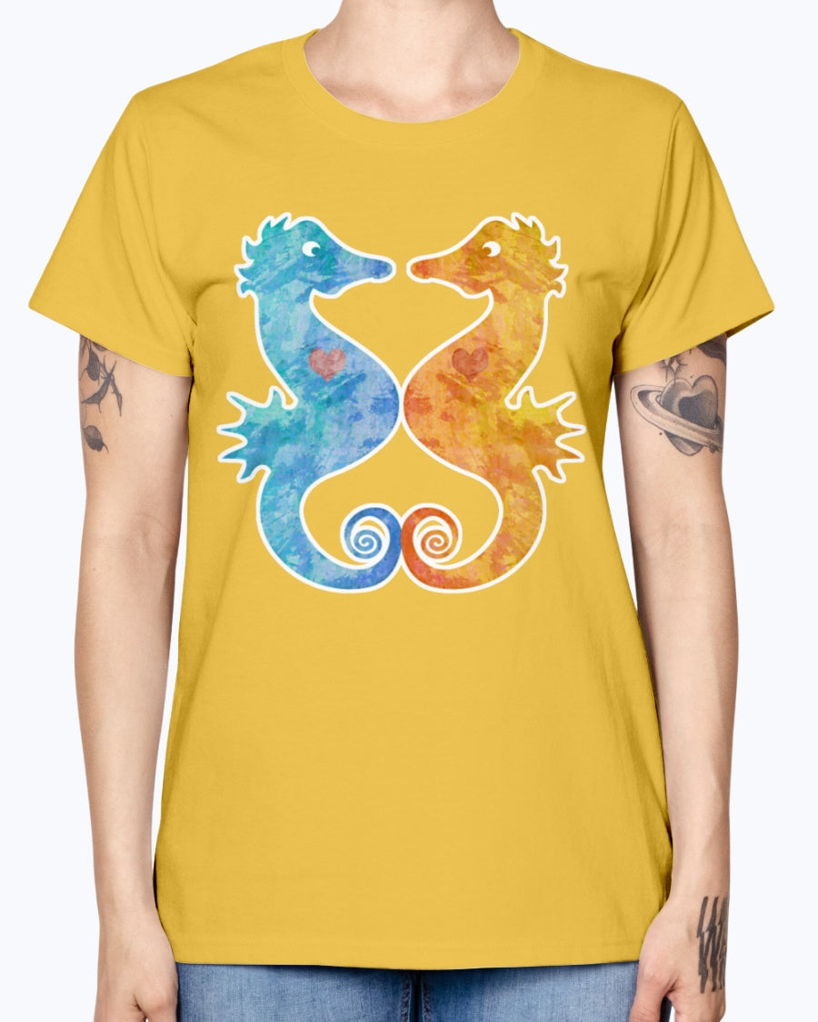 Gildan Ladies Missy T-Shirt. Seahorses in Love