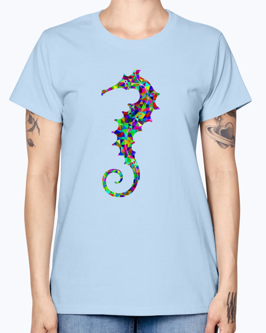 Gildan Ladies Missy T-Shirt. Prismatic Low Poly Seahorse